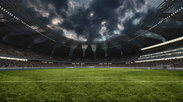 istock Panoramic view of modern empty football stadium at dusk, under cloudy sky. Field ready for action. 3d rendering illustration. 2156925642