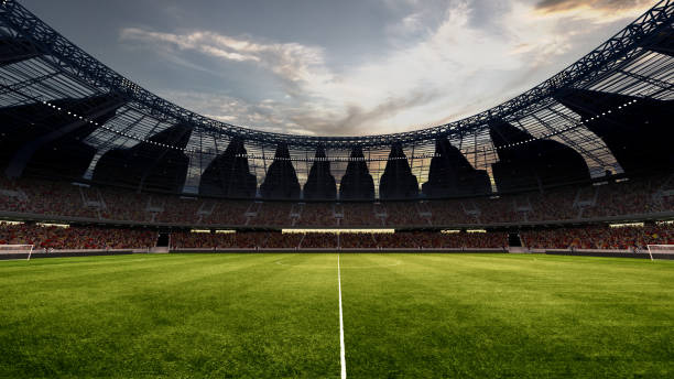 Modern empty football stadium at dusk, under cloudy sky. Field ready for action. 3d rendering illustration.