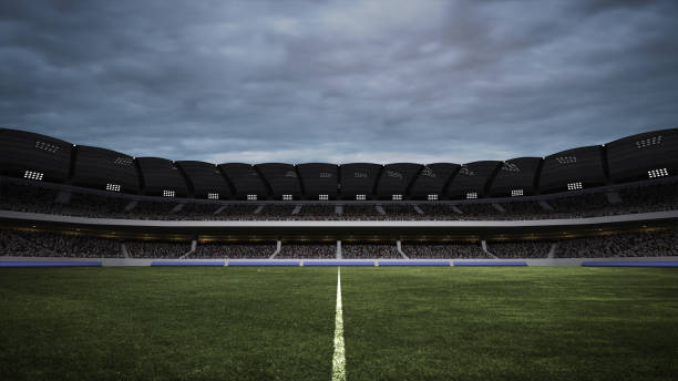 istock Empty soccer stadium perfectly lined in evening arena brimming with spectators, all eagerly awaiting final game. 3D render. 2156925664