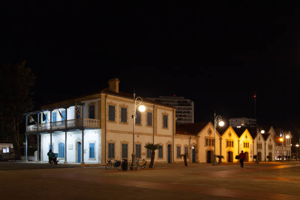 Larnaca, Cyprus - February 03 2024: The Larnaca District Administration on Europe Square by night.
