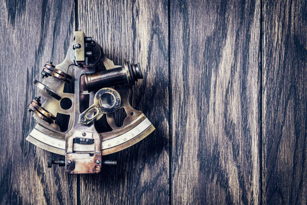 Old sextant on oak wooden table top view with copy space