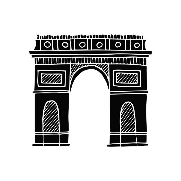 Silhouette of Arc de Triomphe, Triumphal Arch vector hand drawn illustration. Symbol of Paris. Vintage drawing painted by black inks for icon, logo or design