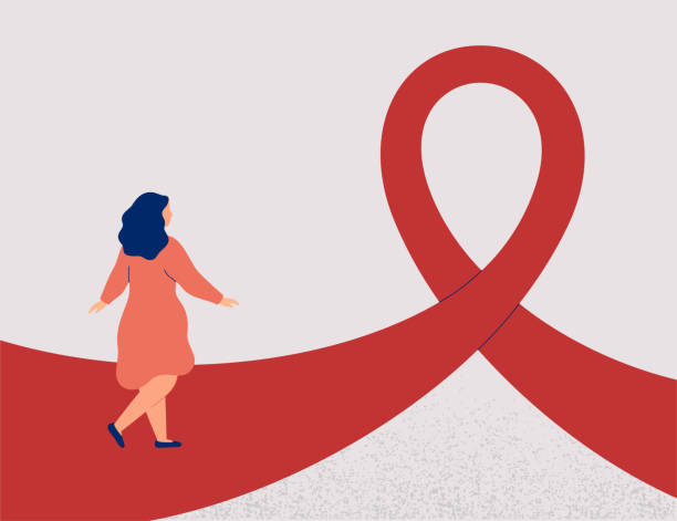 Woman walks pink or red Ribbon Pathway. Raising awareness about the treatment and prevention of breast cancer or HIV AIDS Woman walks pink or red Ribbon Pathway. Concept for raising awareness about the treatment and prevention of breast cancer or HIV AIDS. Symbol of hope. Health promotion Vector illustration aids walk stock illustrations
