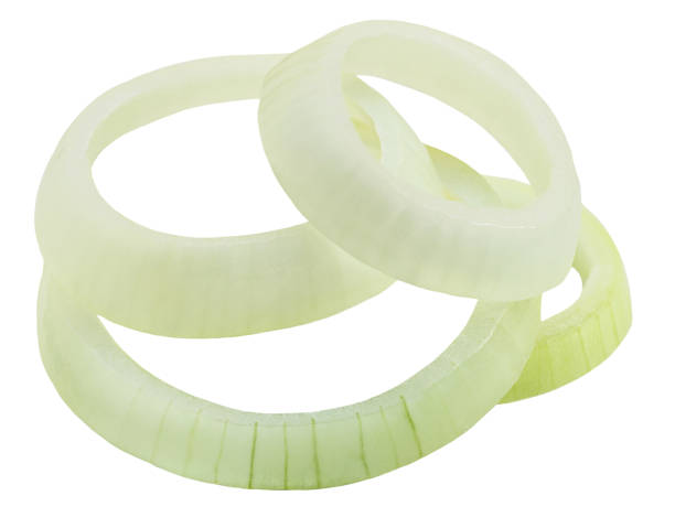istock Falling onion rings  isolated on white background.  Levitating onion pieces, macro 2156935979