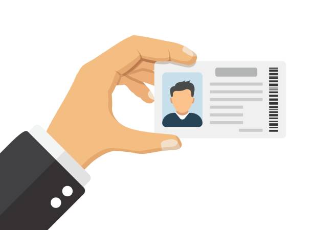ilustraciones, imágenes clip art, dibujos animados e iconos de stock de hand holding driver license icon in flat style. identification document vector illustration on isolated background. profile card sign business concept. - reconocimiento