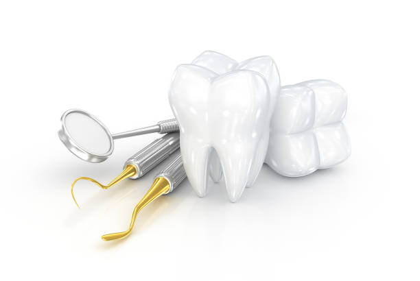 Teeth and dental instruments. Dental concept, 3D illustration