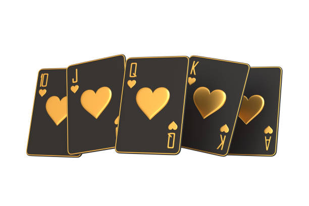 This stunning royal flush, featuring the hearts suit with luxurious gold detailing on a sleek white background, exudes exclusivity and high-class gaming allure. 3D render illustration