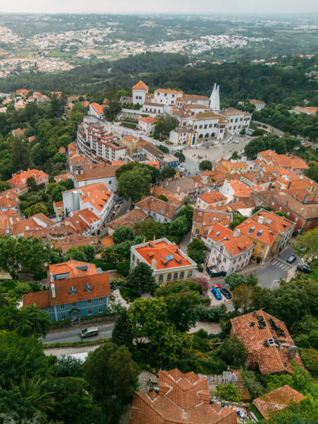 a stunning aerial view of the historic town of sintra, portugal - sintra stockfoto's en -beelden