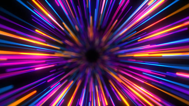 Glowing neon energy lines. Abstract network background. Global Communications and Big Data technology. Hyperspeed and virtual reality jump. 3d illustration.