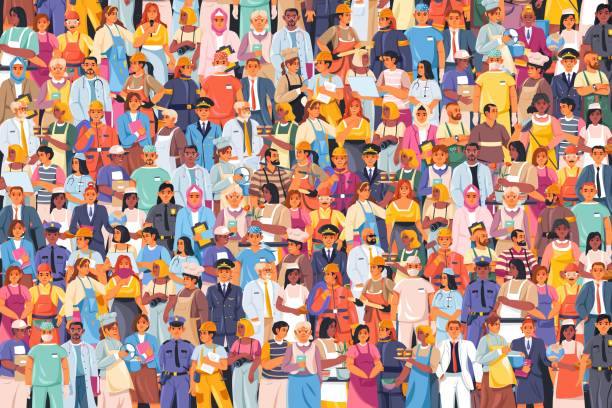 illustrazioni stock, clip art, cartoni animati e icone di tendenza di folla di professioni lavorative. occupazione diversa carriera diverse persone insieme, sindacato dei lavoratori professionisti rivendicazione, professione uniforme da lavoro - lavoro