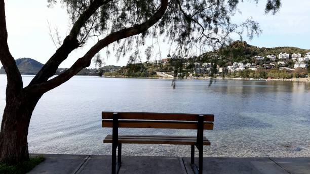 empty wooden bench by the sea