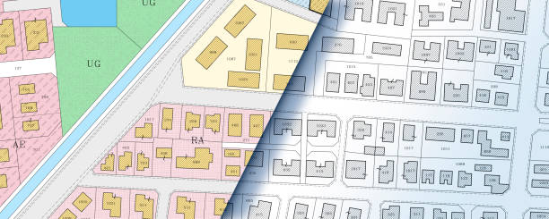 istock Imaginary Cadastral and General Urban Planning documentation - Zoning regulations, building codes with zoning districts, urban destinations, land use, buildable areas and land plot concept 2156945256