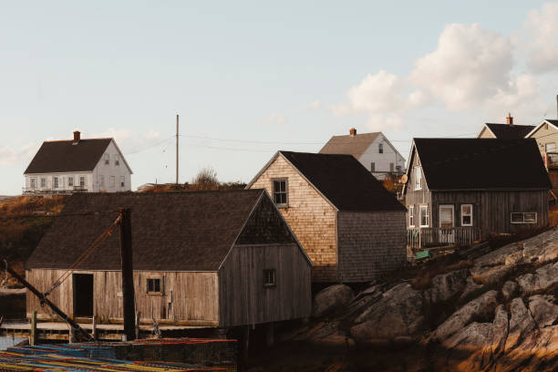 Traditional red wooden houses with white trim stand out against a clear blue sky, with a danish flag waving in the gentle breeze