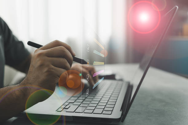 istock Assessment form, questionnaire, checklist and clipboard task management. Checklist and filling survey form online. 2156952004