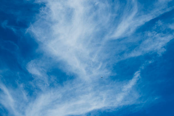 View of thin wispy cirrus clouds with blue sky.