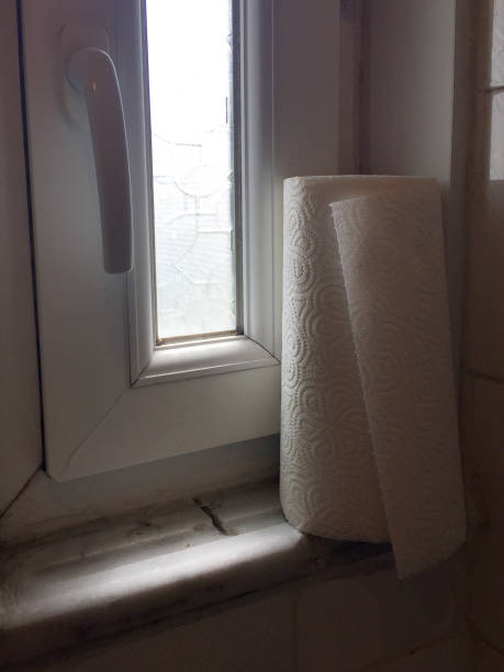 Close-up of a paper towel roll standing in front of the old fashioned bathroom window frame