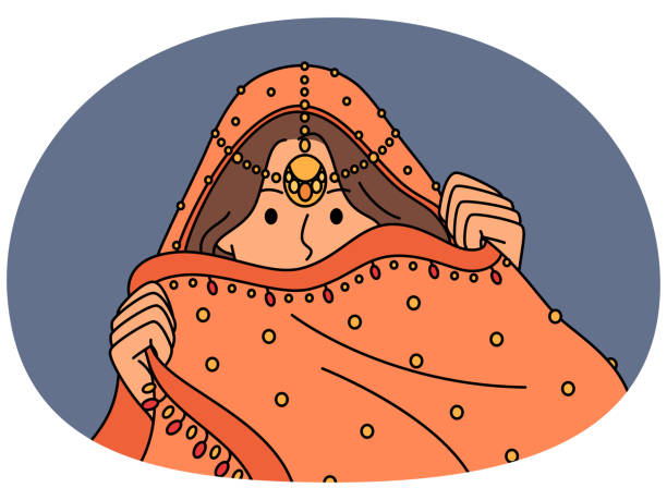 Indian woman hides face behind national dress during traditional cultural ritual or ethnic wedding Indian woman hides face behind national dress during traditional cultural ritual or ethnic wedding. Hindu girl model in Indian saree clothes with precious jewelry hiding wanting to intrigue partner bride hiding face stock illustrations