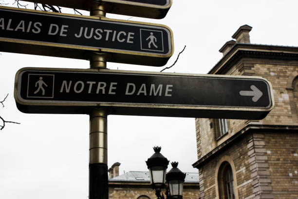 A sign showing the direction of Notre Dame Cathedral, which was taken in Paris, France.