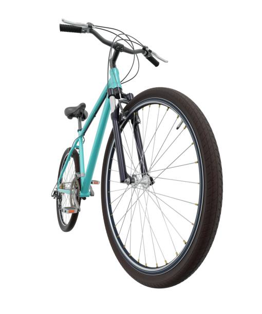istock Blue teal bicycle, front side view with wide angle shot isolated on white background, 3D illustration 2156966192