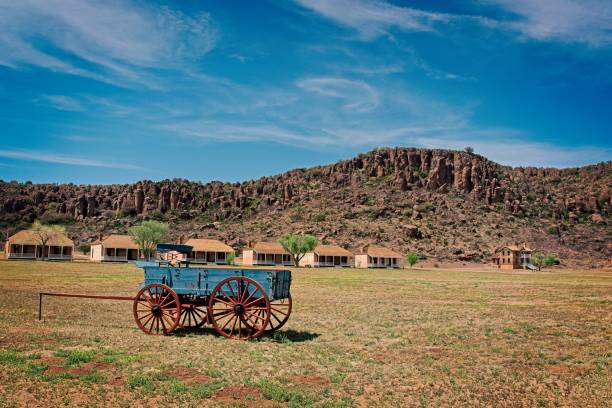 istock Old officer quarters structures and wagon at Fort Davis National Historic Site in west Texas 2156967891