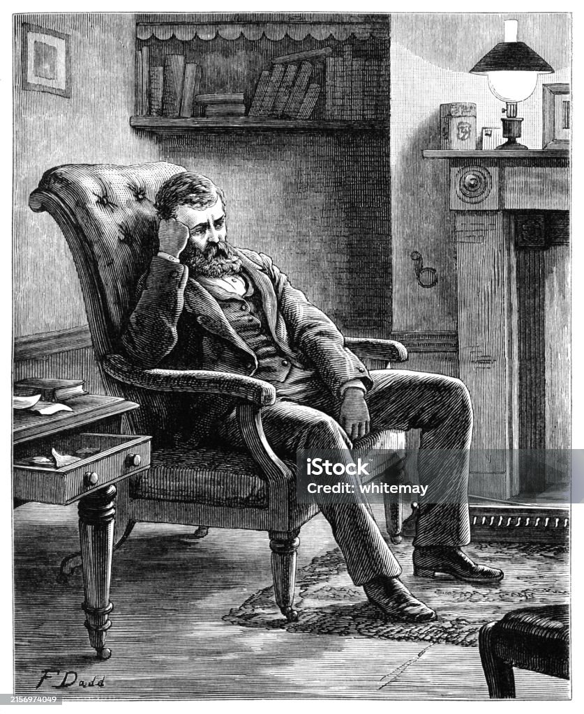 Sorrowful Victorian Man Brooding By The Fire Stock Illustration ...