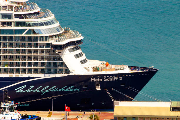 Kusadasi-Aydin-Turkey 04.09.2024 Tourist curise ship with Main Schiff written on it, moored in the port,half view