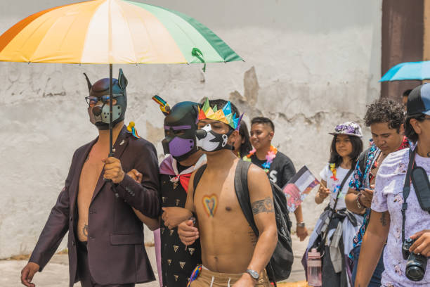 People from the LGBT community carrying multi-colored flags, at the Pride march in Metepec, State of Mexico, parading in costumes and wearing makeup.