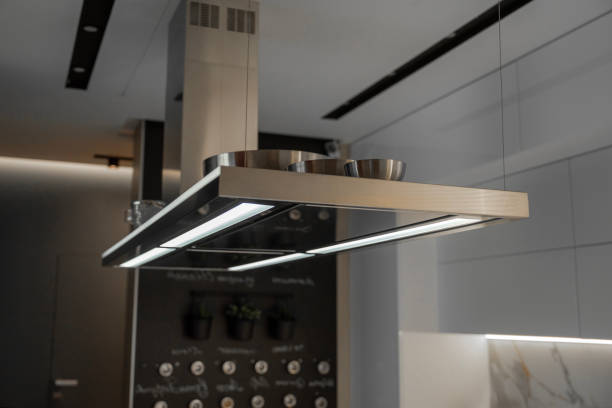 istock Steel hanging kitchen hood in the kitchen 2156980824