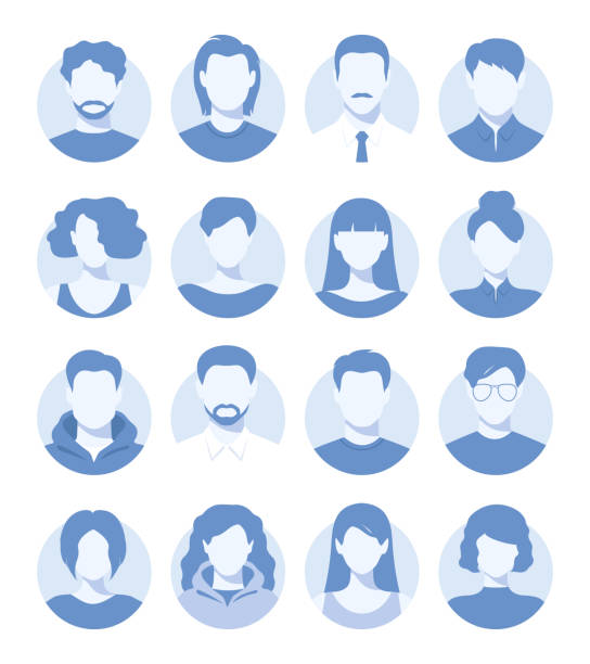 abstrakcyjne portrety kobiet i mężczyzn bez twarzy, awatary lub anonimowe profile. zestaw abstrakcyjnych ikon twarzy kobiety i mężczyzny w niebieskich kolorach. ilustracja wektorowa - płeć męska stock illustrations