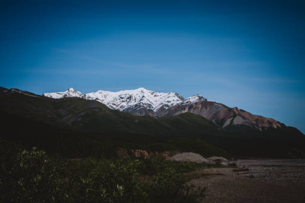 Discover the breathtaking beauty of Alaska's pristine wilderness with snow-capped peaks rising majestically against a clear blue sky. Ideal for nature, travel, and adventure visuals.