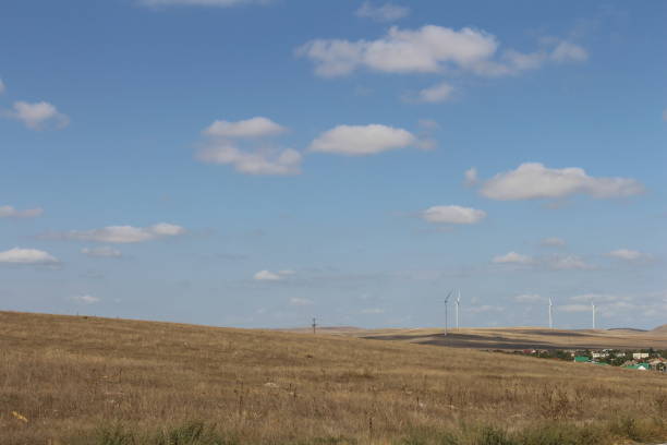 A field with wind turbines in the background. Sky. Grass. Outdoor. Field. Grassy