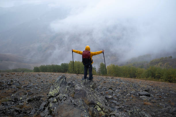 istock Traveller stands on top of mountain with triumph 2156997121