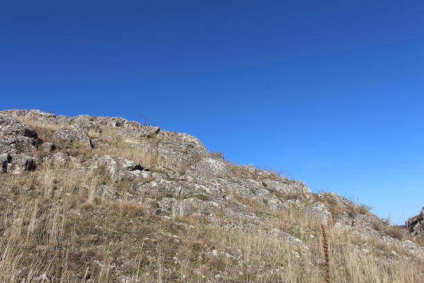 A grassy hill with a hill in the background