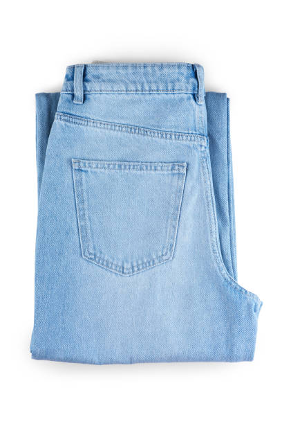 Back side of folded blue jeans with pocket isolated on white background