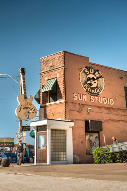 Memphis, Tennessee USA - November 2, 2023:  Sun Records American independent record label Recording studio, historic building exterior in downtown Memphis Tennessee.  Sun played a crucial role in the development of rock and roll, country music, and other genres by recording artists such as Elvis Presley, Johnny Cash, Jerry Lee Lewis, Carl Perkins, and many others