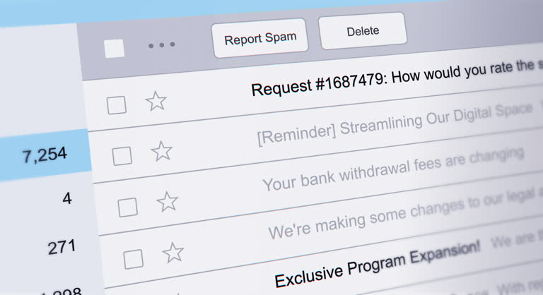 Spam report, deleting a phishing email from inbox folder, webmail interface close up footage