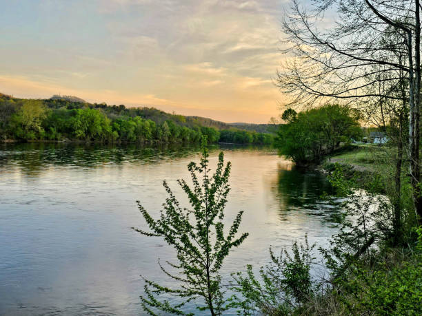 Wide angle view of the Mississippi River shore, outside of Minneapolis. Minnesota, Along the river shore are power pylons and electrical wires that follow the river.  On both sides of the river is dense vegetation and in the sky above are clouds from an impending storm,Taken in Minneapolis. Minnesota, USA