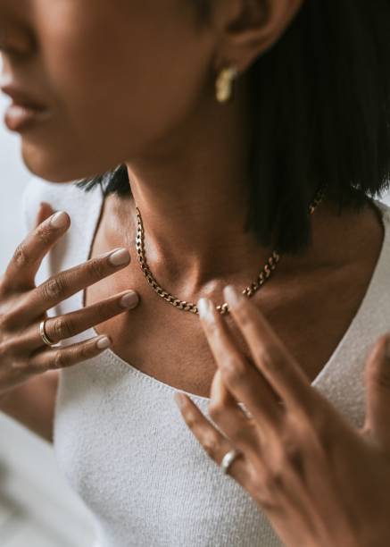 istock Gold necklace around woman's neck 2157022924