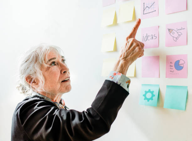 istock Creative woman with business plans on the wall 2157027681