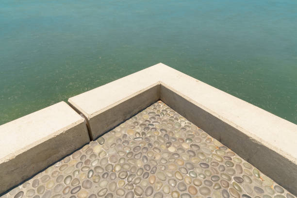 Looking down at a corner seawall. Water and concrete