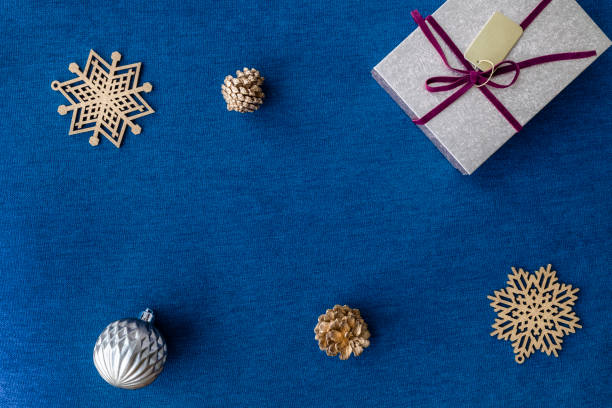 istock Festive Christmas ornaments on a blue background 2157032038