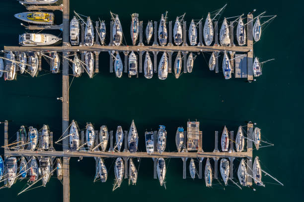 Aerial view, looking directly down on marina timber jetty with moored luxury yachts - mostly sailboats: looking like sardines or small fish feeding on lines of bait in dark turquoise water.