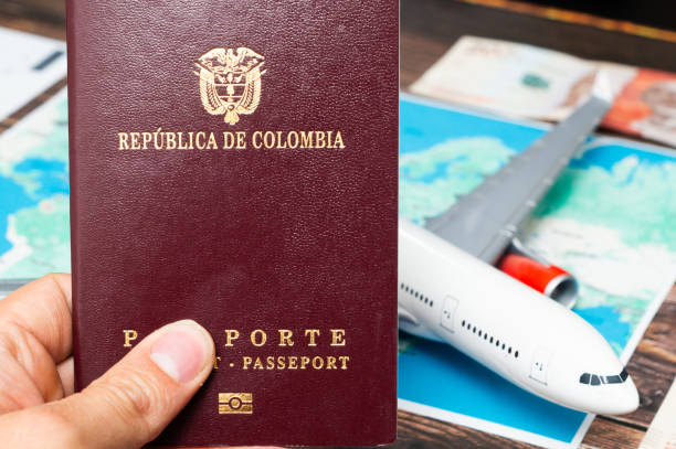A passport is being held up next to an airplane