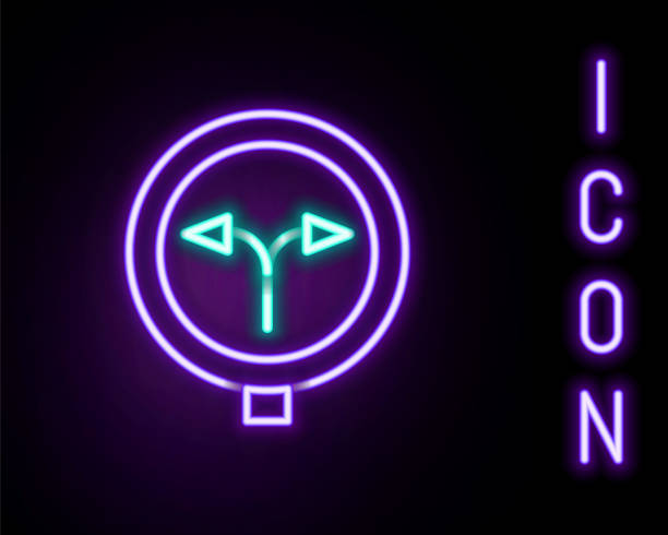istock Glowing neon line Fork in the road icon isolated on black background. Colorful outline concept. Vector 2157045549