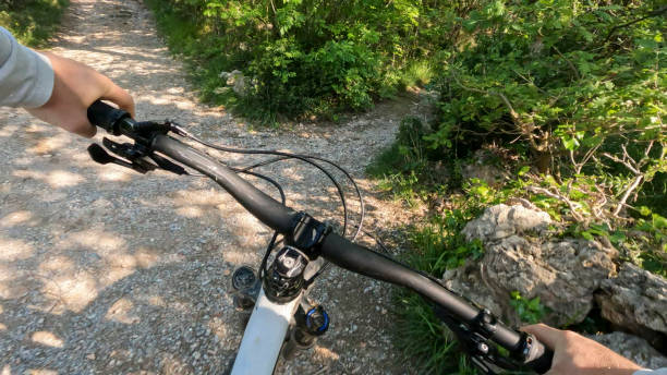 POV biking down dirt track in forest at speed