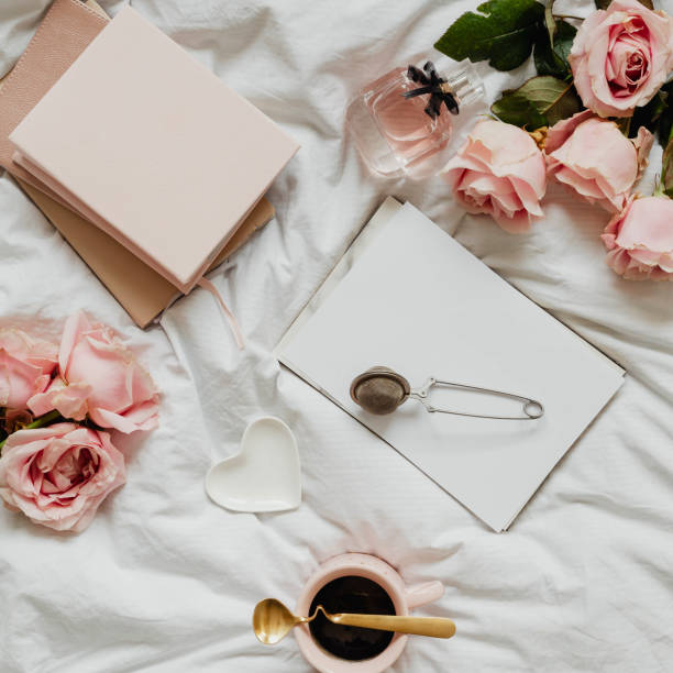 istock Romantic and feminine flat lay on a bed 2157055712