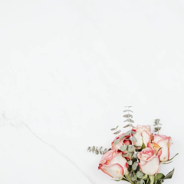 Valentine's rose bouquet on a white marble background
