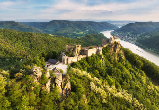 istock Austria castle with Danube valley - Aggstein ruin and Danube river at sunset in Wachau 2157057420