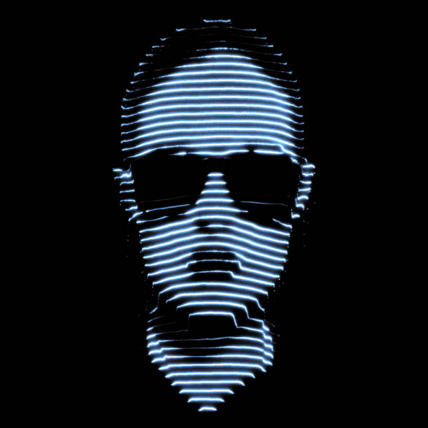 Fantasy, sci-fi and technology concept. A mysterious woman with sunglasses portrait created with light painting technique in neon blue light tones against a black background. Grain effect applied