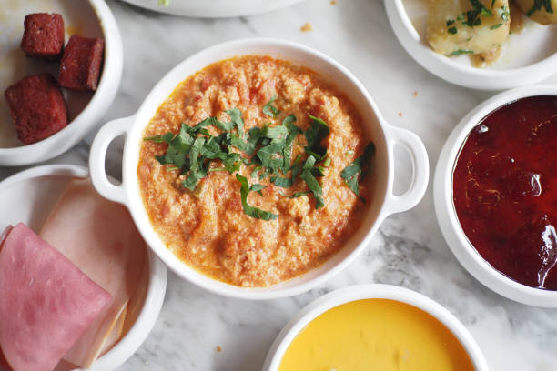 Turkish Menemen omelet in a frying pan.
